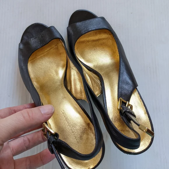 BANANA REPUBLIC women's black leather peep toe slingback heeled pumps - Picture 7 of 13